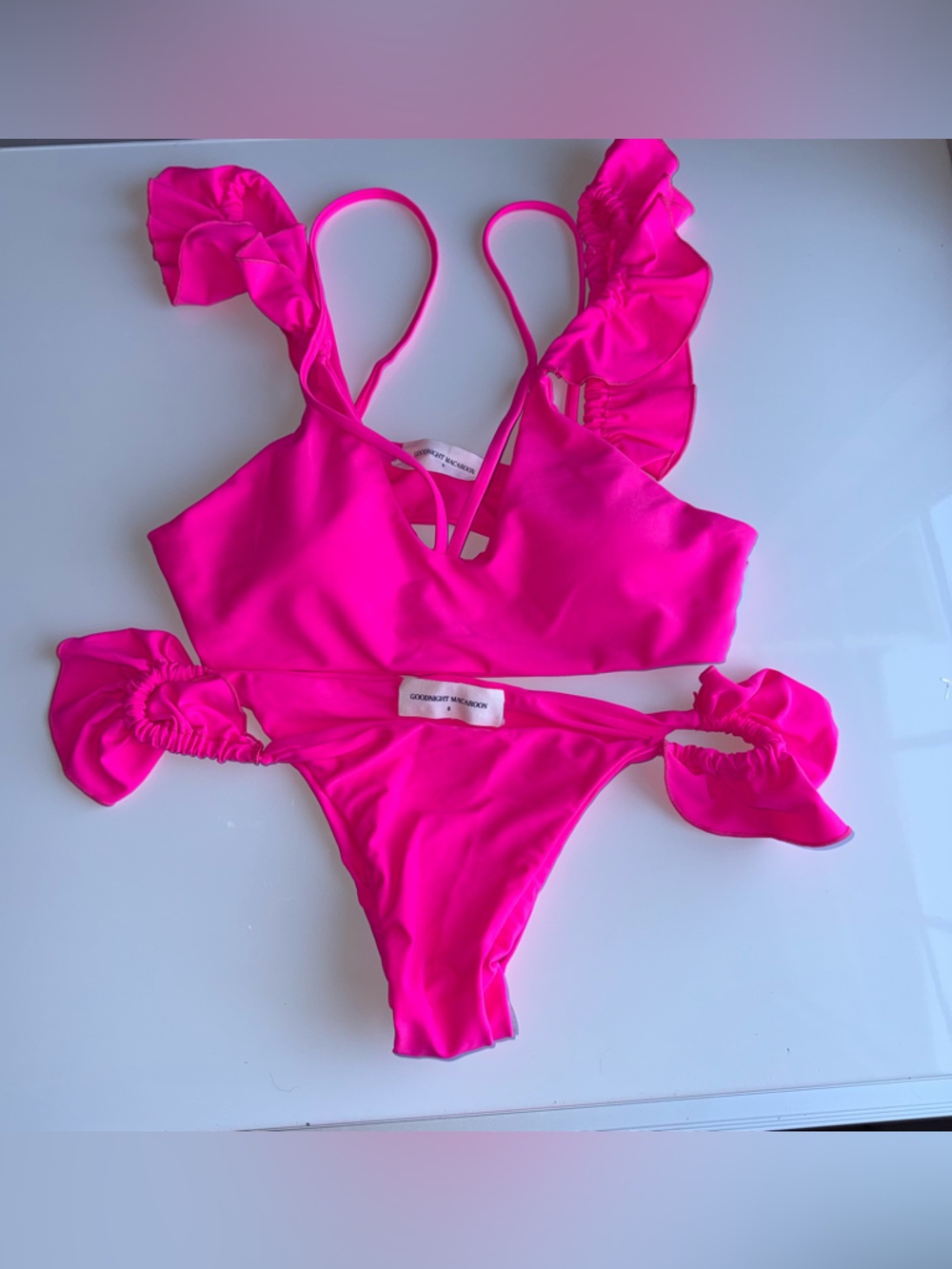 NWT GOODNIGHT MACAROON Barbiecore hot pink girly ruffle shoulder bikini M